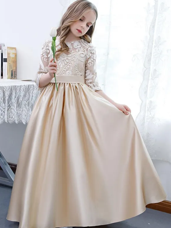 Champagne Flower Girl Dress Lace Jewel Neck Half Sleeves Kids Birthday Party Dresses