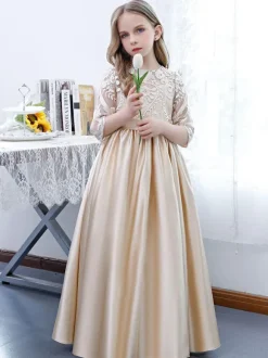 Champagne Flower Girl Dress Lace Jewel Neck Half Sleeves Kids Birthday Party Dresses