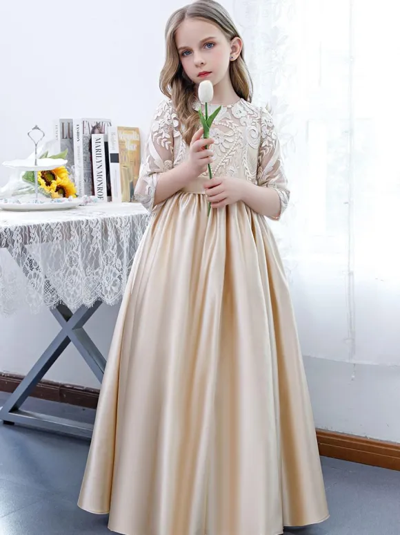 Champagne Flower Girl Dress Lace Jewel Neck Half Sleeves Kids Birthday Party Dresses