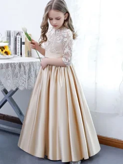 Champagne Flower Girl Dress Lace Jewel Neck Half Sleeves Kids Birthday Party Dresses