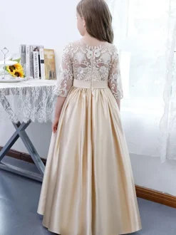 Champagne Flower Girl Dress Lace Jewel Neck Half Sleeves Kids Birthday Party Dresses