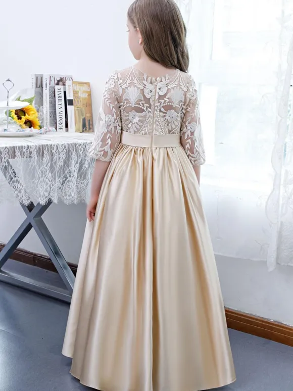 Champagne Flower Girl Dress Lace Jewel Neck Half Sleeves Kids Birthday Party Dresses