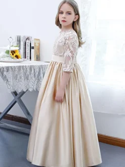 Champagne Flower Girl Dress Lace Jewel Neck Half Sleeves Kids Birthday Party Dresses