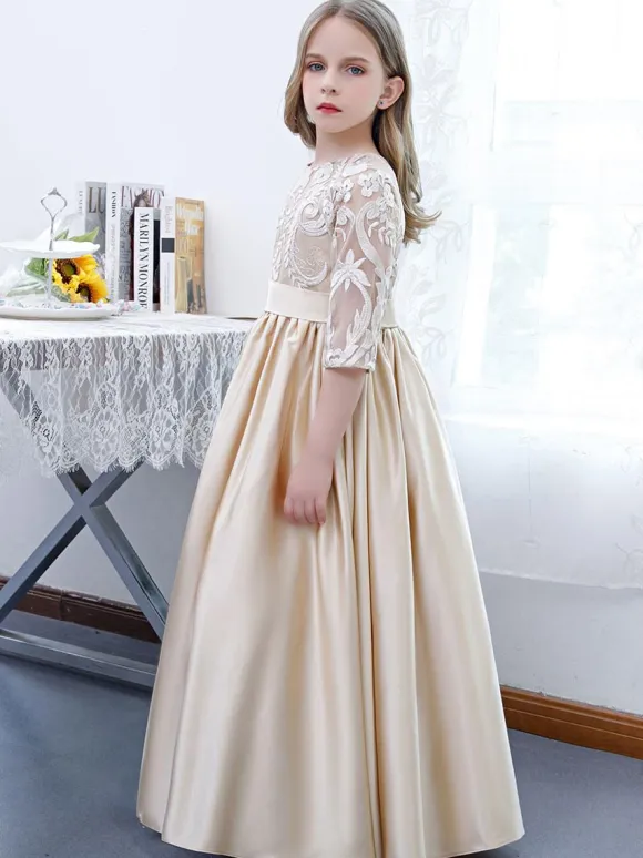 Champagne Flower Girl Dress Lace Jewel Neck Half Sleeves Kids Birthday Party Dresses
