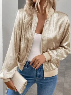 Champagne Gold Women's Bomber Jacket - Zip Up Ribbed Trim Slim Fit - Metallic Spring Party Outerwear 2026