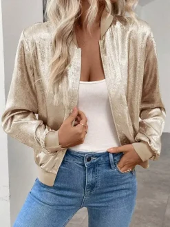 Champagne Gold Women's Bomber Jacket - Zip Up Ribbed Trim Slim Fit - Metallic Spring Party Outerwear 2026