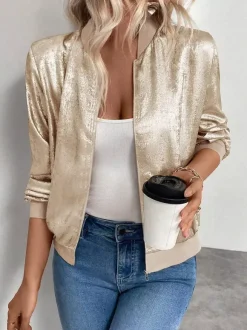 Champagne Gold Women's Bomber Jacket - Zip Up Ribbed Trim Slim Fit - Metallic Spring Party Outerwear 2026