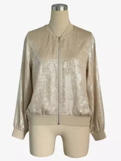 Champagne Gold Women's Bomber Jacket - Zip Up Ribbed Trim Slim Fit - Metallic Spring Party Outerwear 2026