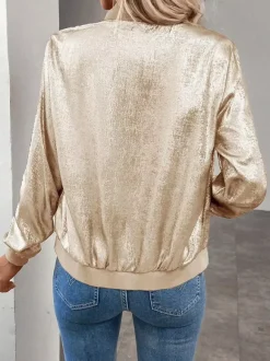 Champagne Gold Women's Bomber Jacket - Zip Up Ribbed Trim Slim Fit - Metallic Spring Party Outerwear 2026
