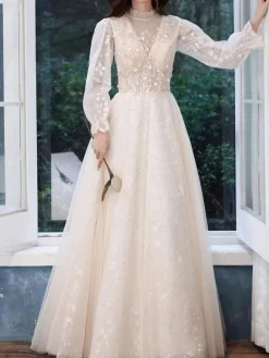 Champagne Prom Dress 2026 A-Line Jewel Neck Long Sleeve Lace Sequined Floor-Length Formal Party Dresses Wedding Guest Dresses