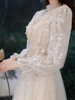 Champagne Prom Dress 2026 A-Line Jewel Neck Long Sleeve Lace Sequined Floor-Length Formal Party Dresses Wedding Guest Dresses