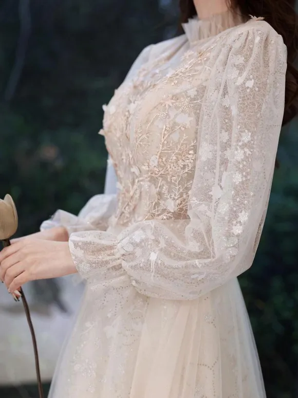 Champagne Prom Dress 2026 A-Line Jewel Neck Long Sleeve Lace Sequined Floor-Length Formal Party Dresses Wedding Guest Dresses