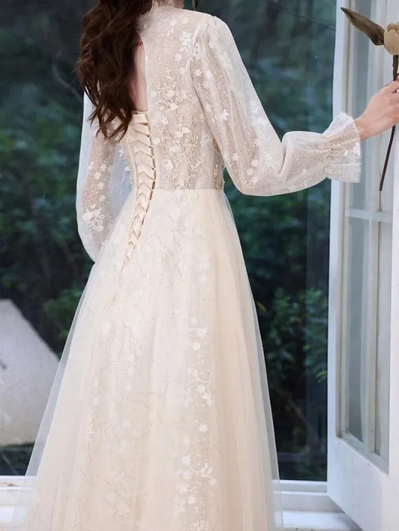 Champagne Prom Dress 2026 A-Line Jewel Neck Long Sleeve Lace Sequined Floor-Length Formal Party Dresses Wedding Guest Dresses