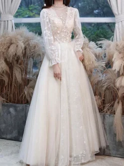 Champagne Prom Dress 2026 A-Line Jewel Neck Long Sleeve Lace Sequined Floor-Length Formal Party Dresses Wedding Guest Dresses
