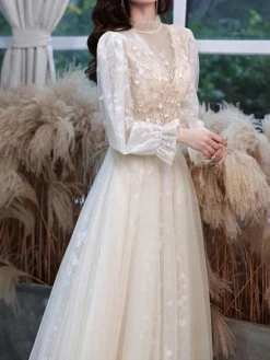 Champagne Prom Dress 2026 A-Line Jewel Neck Long Sleeve Lace Sequined Floor-Length Formal Party Dresses Wedding Guest Dresses