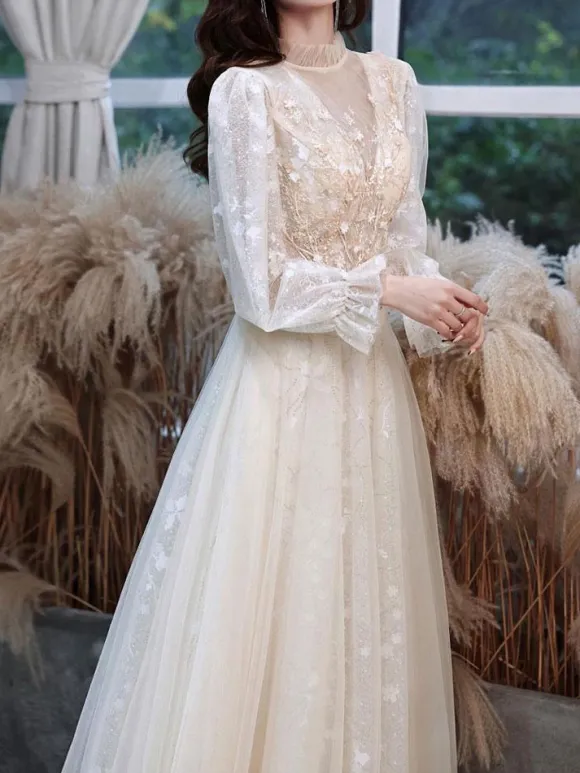 Champagne Prom Dress 2026 A-Line Jewel Neck Long Sleeve Lace Sequined Floor-Length Formal Party Dresses Wedding Guest Dresses