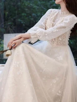 Champagne Prom Dress 2026 A-Line Jewel Neck Long Sleeve Lace Sequined Floor-Length Formal Party Dresses Wedding Guest Dresses