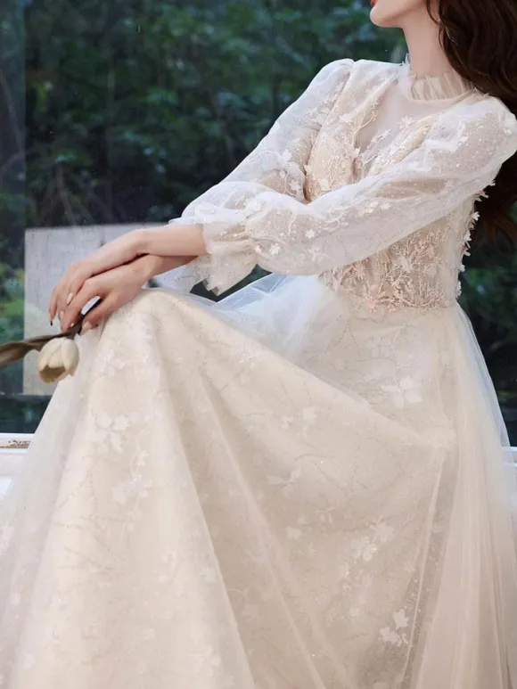Champagne Prom Dress 2026 A-Line Jewel Neck Long Sleeve Lace Sequined Floor-Length Formal Party Dresses Wedding Guest Dresses