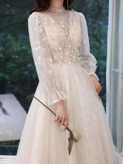 Champagne Prom Dress 2026 A-Line Jewel Neck Long Sleeve Lace Sequined Floor-Length Formal Party Dresses Wedding Guest Dresses