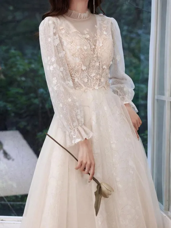 Champagne Prom Dress 2026 A-Line Jewel Neck Long Sleeve Lace Sequined Floor-Length Formal Party Dresses Wedding Guest Dresses