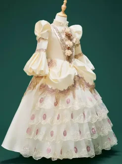 Champagne Retro Costumes Girl's Floral Print Lace Flowers Polyester Tunic Marie Antoinette Costume Dress Hat Euro-Style