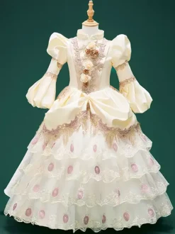 Champagne Retro Costumes Girl's Floral Print Lace Flowers Polyester Tunic Marie Antoinette Costume Dress Hat Euro-Style