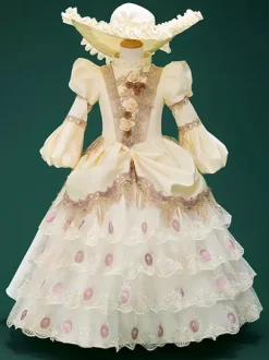 Champagne Retro Costumes Girl's Floral Print Lace Flowers Polyester Tunic Marie Antoinette Costume Dress Hat Euro-Style
