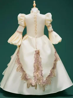 Champagne Retro Costumes Girl's Floral Print Lace Flowers Polyester Tunic Marie Antoinette Costume Dress Hat Euro-Style