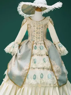 Champagne Retro Costumes Pearls Polyester Marie Antoinette Costume Floral Print Hat Girl's Retro Tunic Vintage Clothing