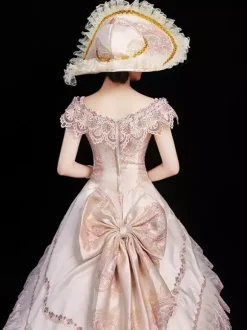 Champagne Retro Costumes Women's Floral Print Ruffles Bows Marie Antoinette Costume Polyester Set Dress Hat Retro Party Prom Dress
