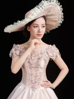 Champagne Retro Costumes Women's Floral Print Ruffles Bows Marie Antoinette Costume Polyester Set Dress Hat Retro Party Prom Dress