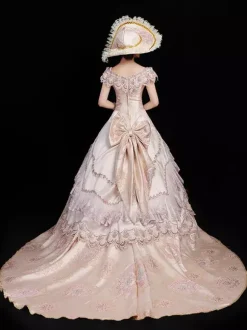 Champagne Retro Costumes Women's Floral Print Ruffles Bows Marie Antoinette Costume Polyester Set Dress Hat Retro Party Prom Dress