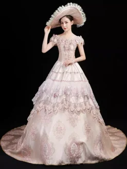 Champagne Retro Costumes Women's Floral Print Ruffles Bows Marie Antoinette Costume Polyester Set Dress Hat Retro Party Prom Dress
