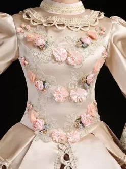 Champagne Retro Costumes Women's Embroidered Ruffles Polyester Set Hat Dress Retro Marie Antoinette Costume Masquerade Ball Gown