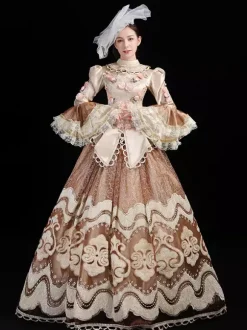 Champagne Retro Costumes Women's Embroidered Ruffles Polyester Set Hat Dress Retro Marie Antoinette Costume Masquerade Ball Gown