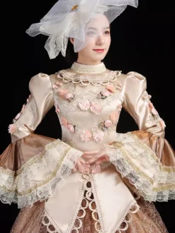 Champagne Retro Costumes Women's Embroidered Ruffles Polyester Set Hat Dress Retro Marie Antoinette Costume Masquerade Ball Gown
