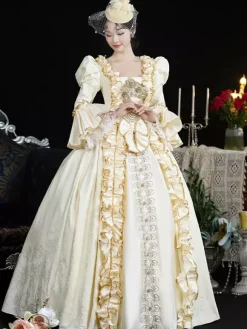 Champagne Retro Costumes Women's Lace Ruffles Polyester Headwear Dress Retro Marie Antoinette Costume 18th Century Costume