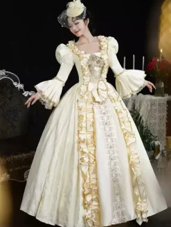 Champagne Retro Costumes Women's Lace Ruffles Polyester Headwear Dress Retro Marie Antoinette Costume 18th Century Costume