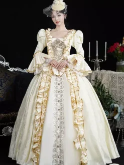 Champagne Retro Costumes Women's Lace Ruffles Polyester Headwear Dress Retro Marie Antoinette Costume 18th Century Costume