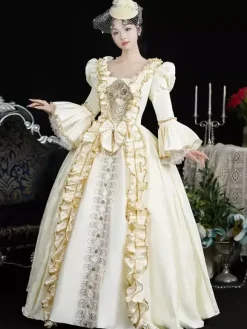 Champagne Retro Costumes Women's Lace Ruffles Polyester Headwear Dress Retro Marie Antoinette Costume 18th Century Costume