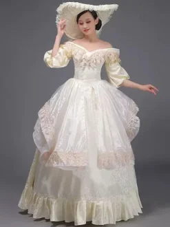 Champagne Retro Tudor Dress Costumes Ruffles Marie Antoinette Polyester Women's Vintage Tunic Dress