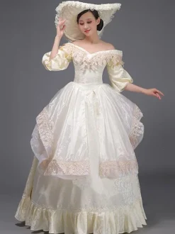 Champagne Retro Tudor Dress Costumes Ruffles Marie Antoinette Polyester Women's Vintage Tunic Dress