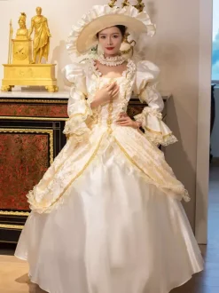 Champagne Retro Tudor Dress Costumes Women's Marie Antoinette Costume Lace Ruffles Polyester Tunic Dress Choker Vintage 18th Century Costume