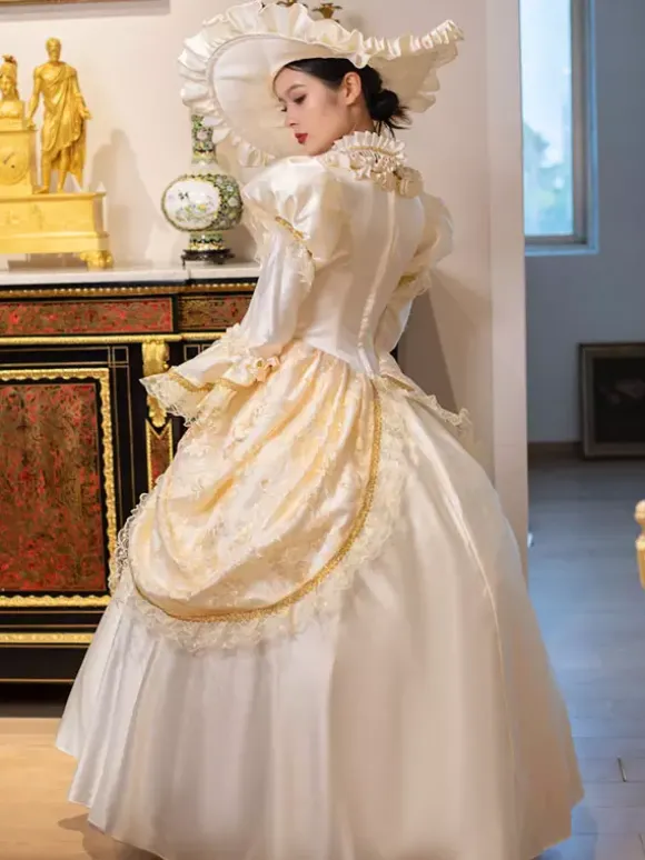 Champagne Retro Tudor Dress Costumes Women's Marie Antoinette Costume Lace Ruffles Polyester Tunic Dress Choker Vintage 18th Century Costume