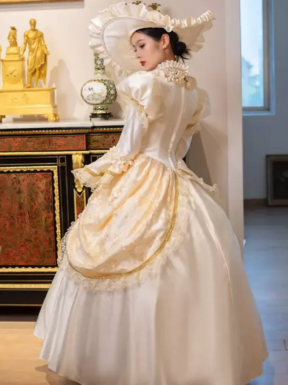 Champagne Retro Tudor Dress Costumes Women's Marie Antoinette Costume Lace Ruffles Polyester Tunic Dress Choker Vintage 18th Century Costume