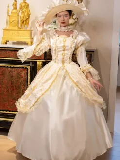 Champagne Retro Tudor Dress Costumes Women's Marie Antoinette Costume Lace Ruffles Polyester Tunic Dress Choker Vintage 18th Century Costume