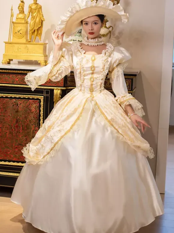 Champagne Retro Tudor Dress Costumes Women's Marie Antoinette Costume Lace Ruffles Polyester Tunic Dress Choker Vintage 18th Century Costume