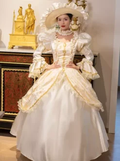 Champagne Retro Tudor Dress Costumes Women's Marie Antoinette Costume Lace Ruffles Polyester Tunic Dress Choker Vintage 18th Century Costume