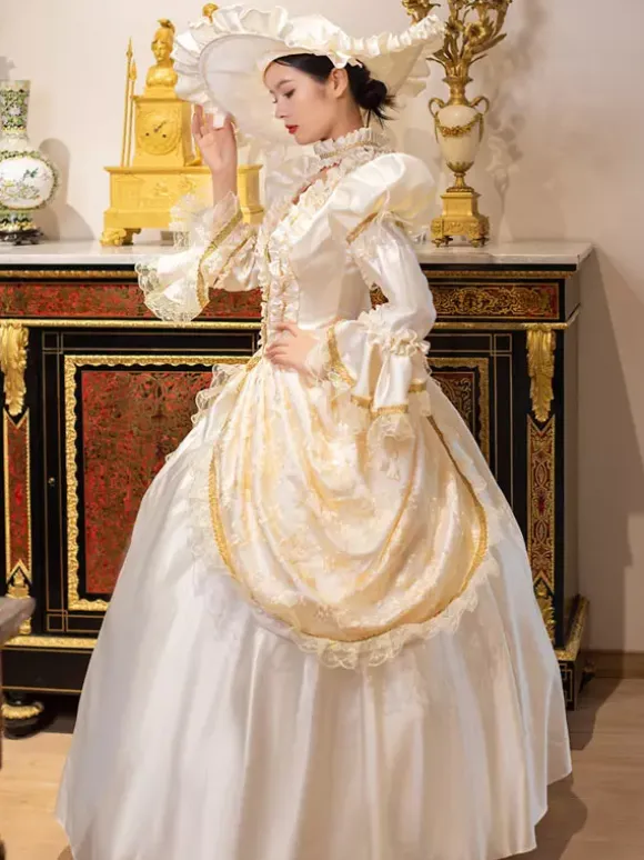 Champagne Retro Tudor Dress Costumes Women's Marie Antoinette Costume Lace Ruffles Polyester Tunic Dress Choker Vintage 18th Century Costume