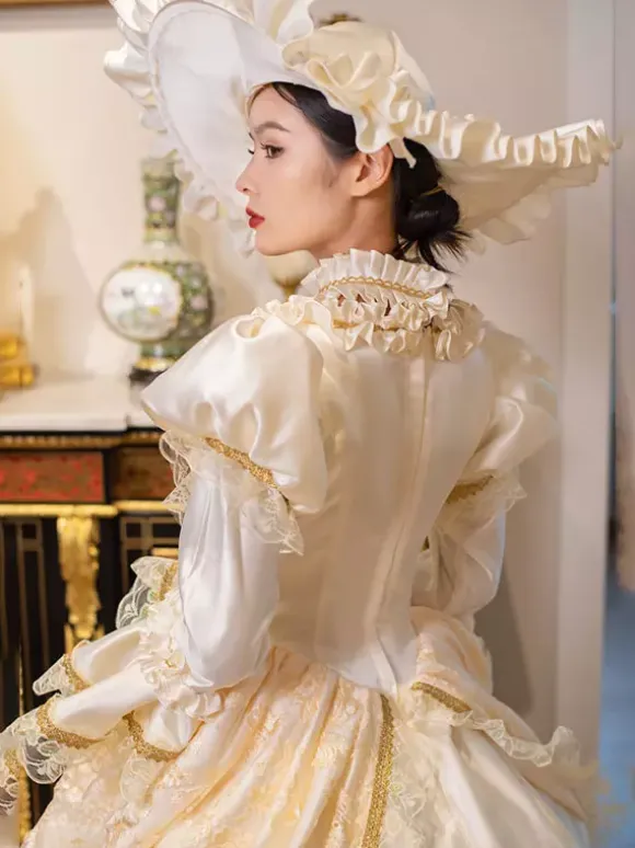 Champagne Retro Tudor Dress Costumes Women's Marie Antoinette Costume Lace Ruffles Polyester Tunic Dress Choker Vintage 18th Century Costume